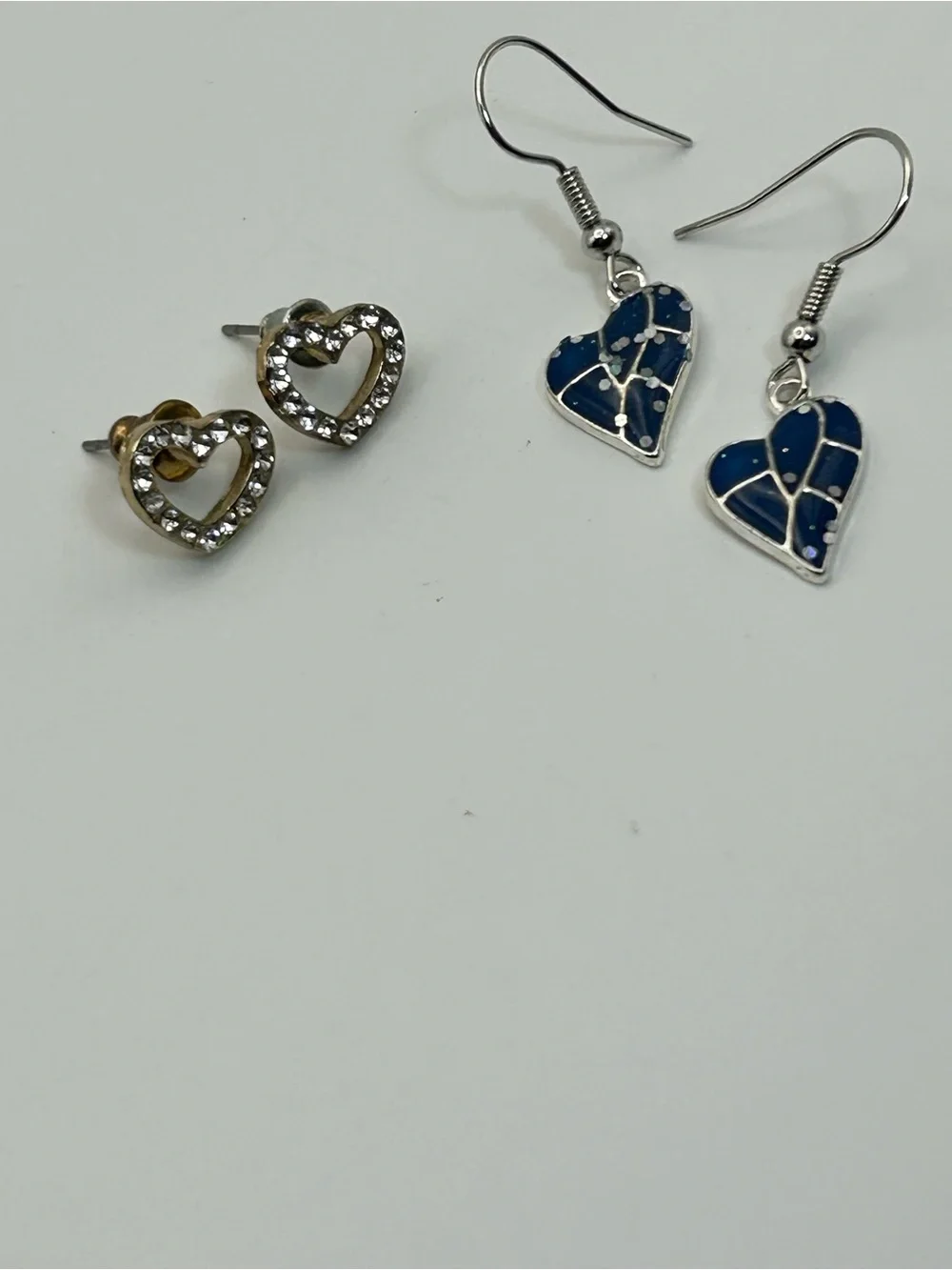 2 Pair Silver-tone Heart Earrings Blue Dangle, Crystal Studs